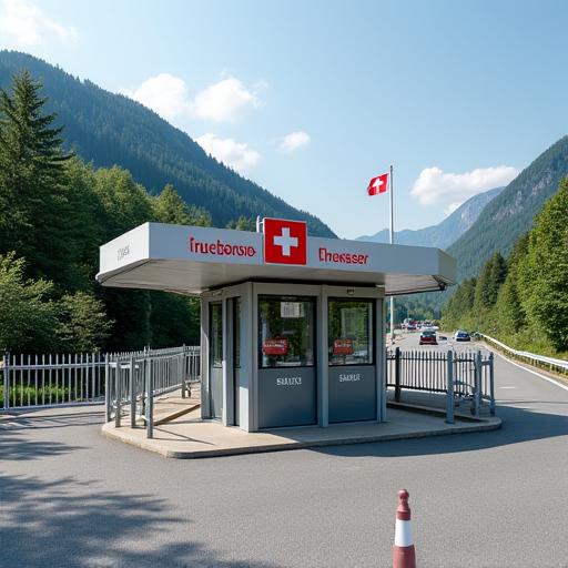 A picture of a Swiss border kiosk where vignettes are sold.